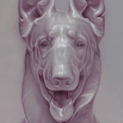 Monochrome painting of a portrait of a dog.